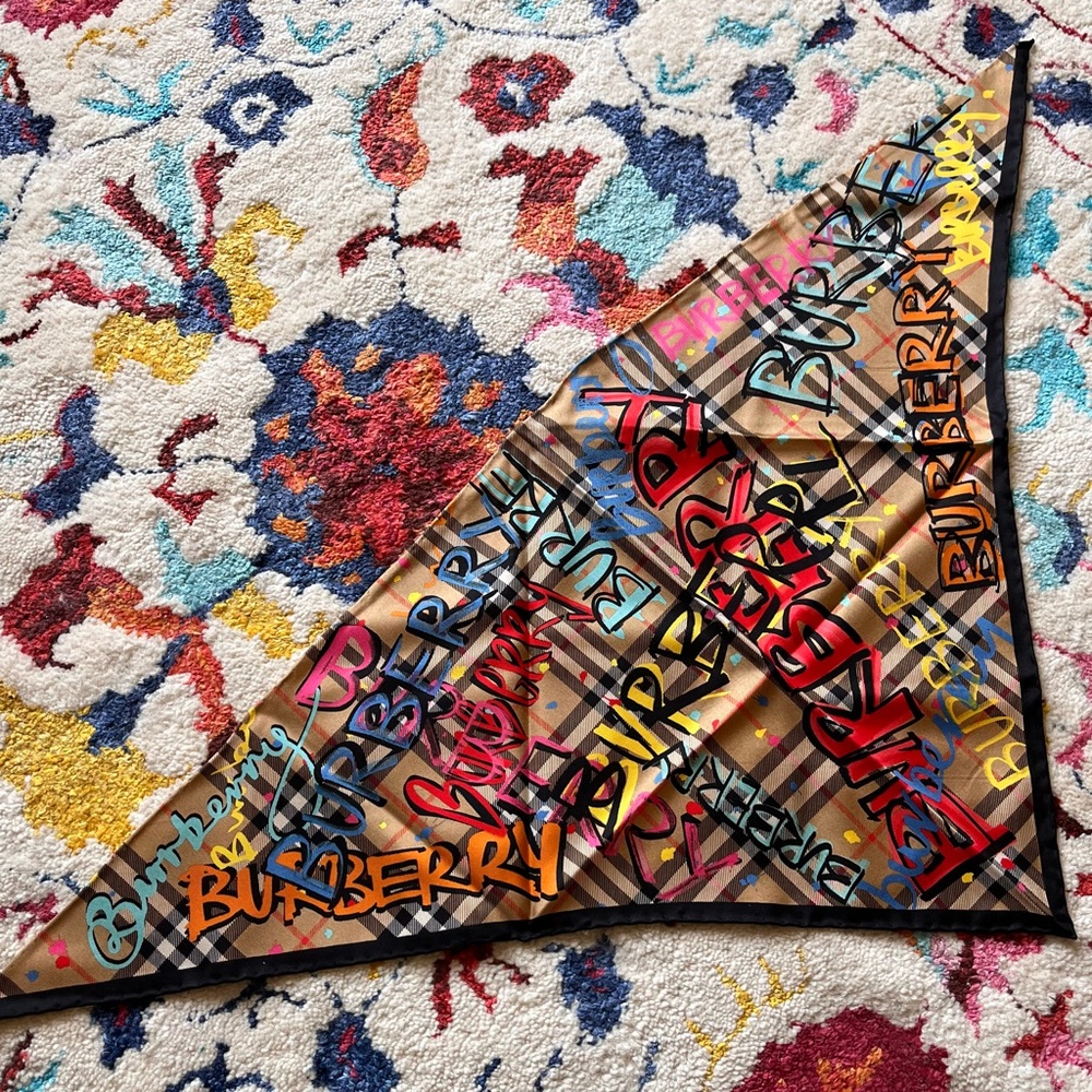 BURBERRY Graffiti Print Check Silk Scarf